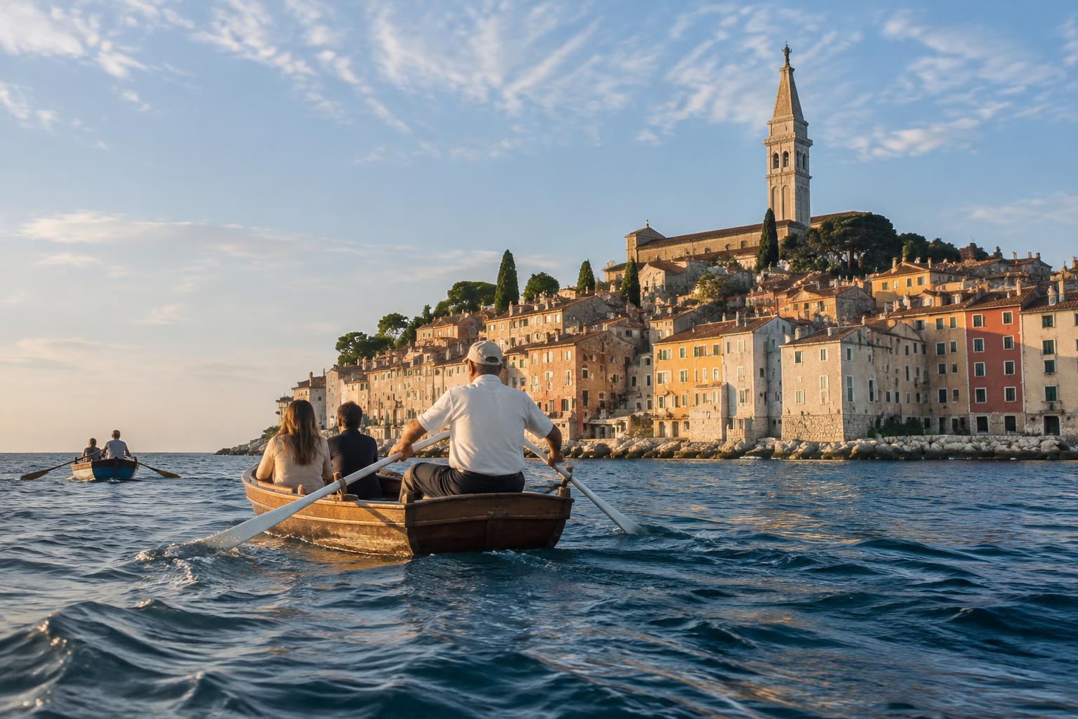 Traditional wooden batana boats rowing across the water toward Rovinj's old town