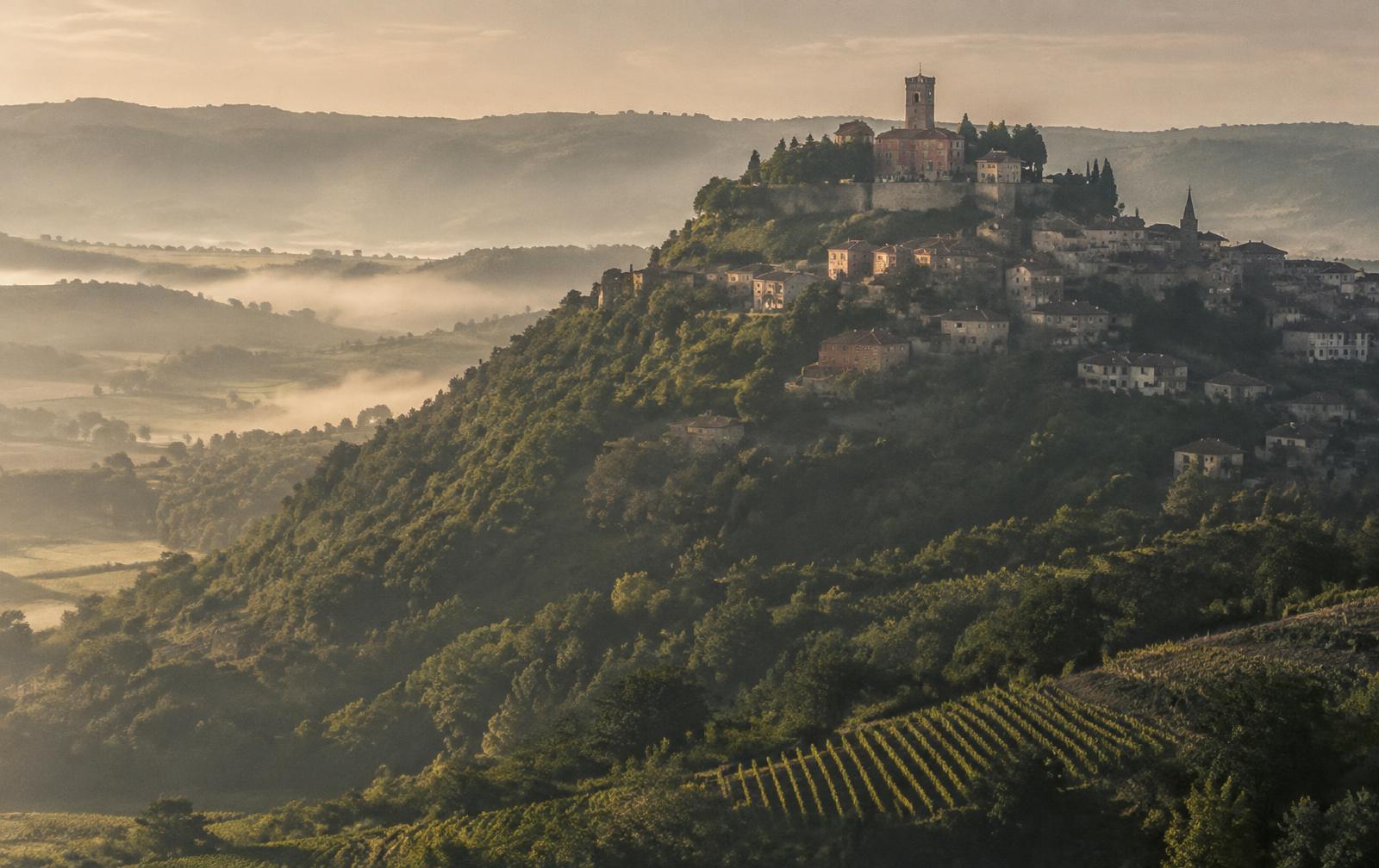 The walled hill town of Motovun above the misty Mirna river valley